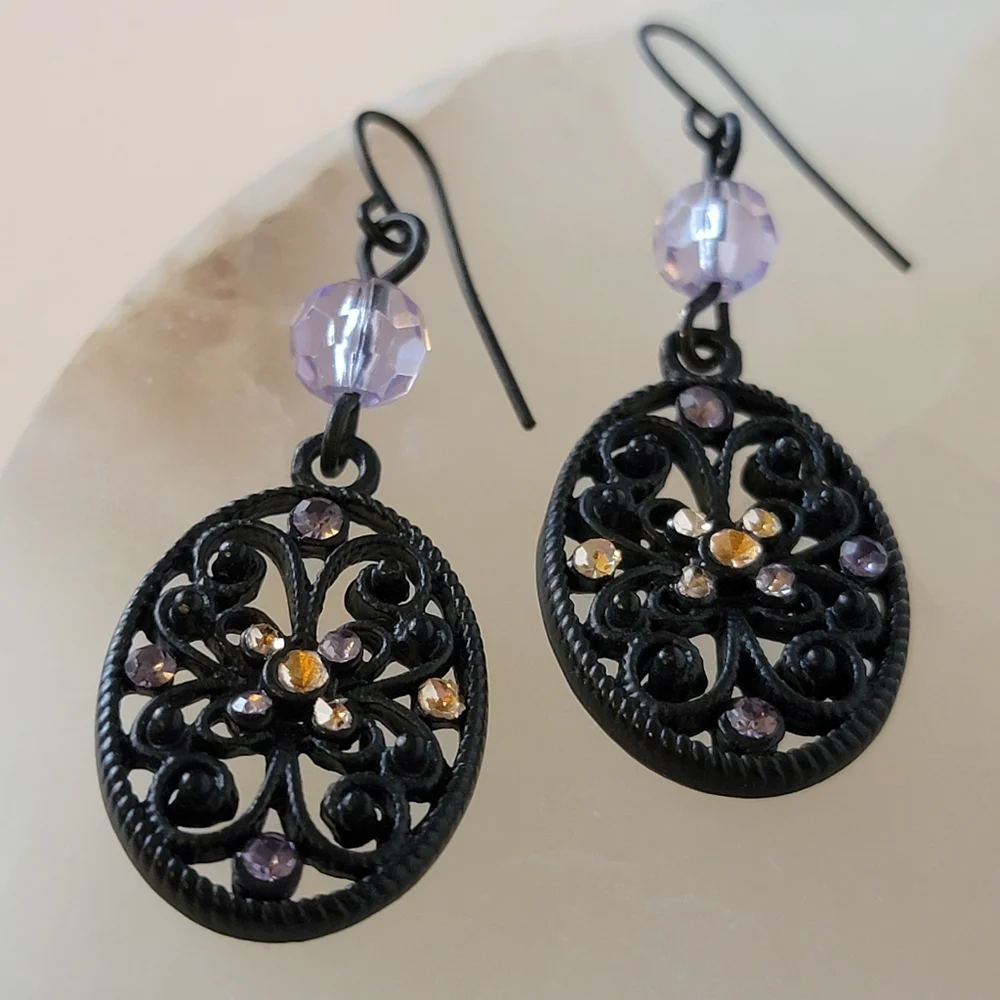 Black Floral Filigree Scrolls and Lilac Clear faceted Beads and Rhinestone